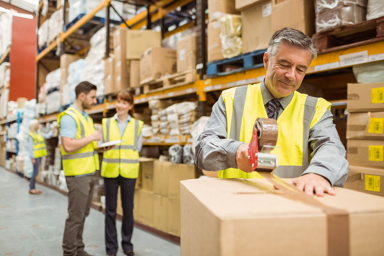 Custom size cardboard boxes - Warehouse worker sealing cardboard boxes