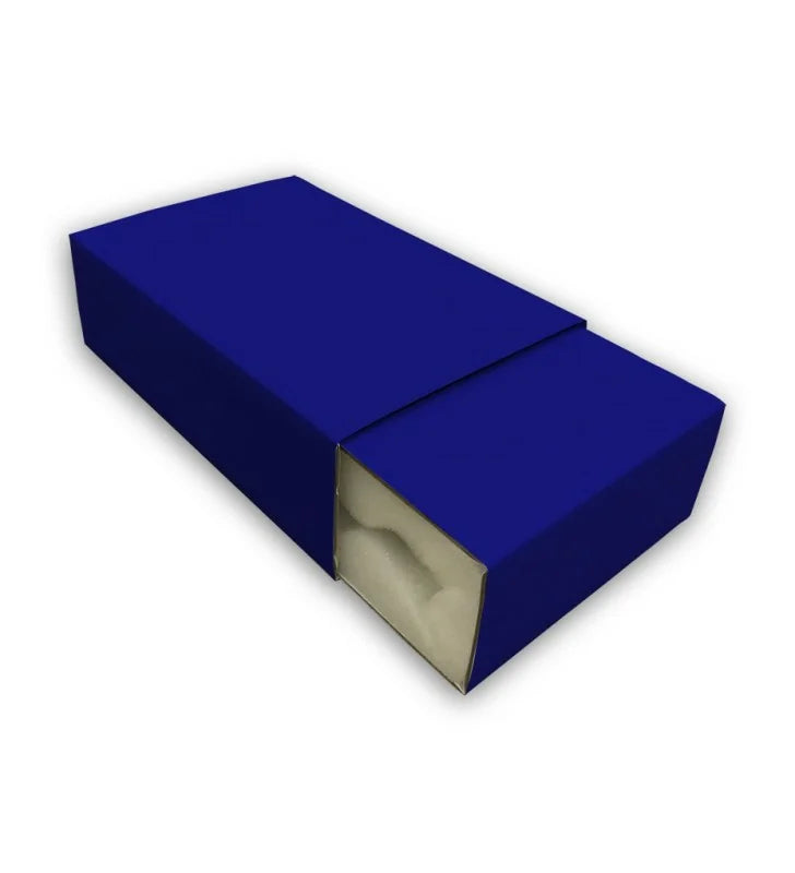 Dark blue foam lined slider packaging