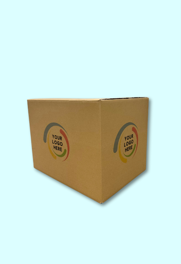 Brown custom printed shipping box with your logo here print.